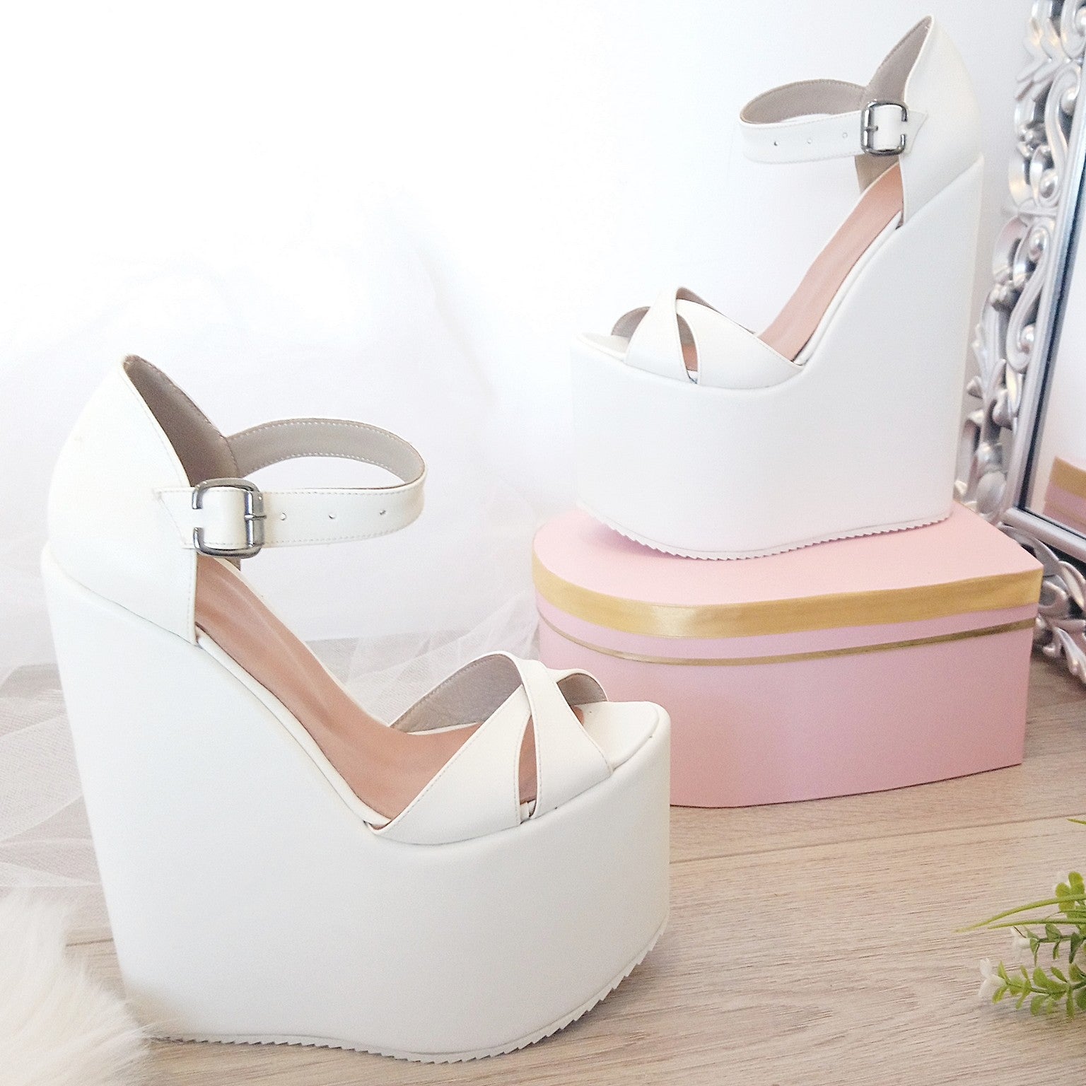 White Cross Sandals Wedge Platform Shoes