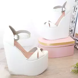 White Cross Sandals Wedge Platform Shoes