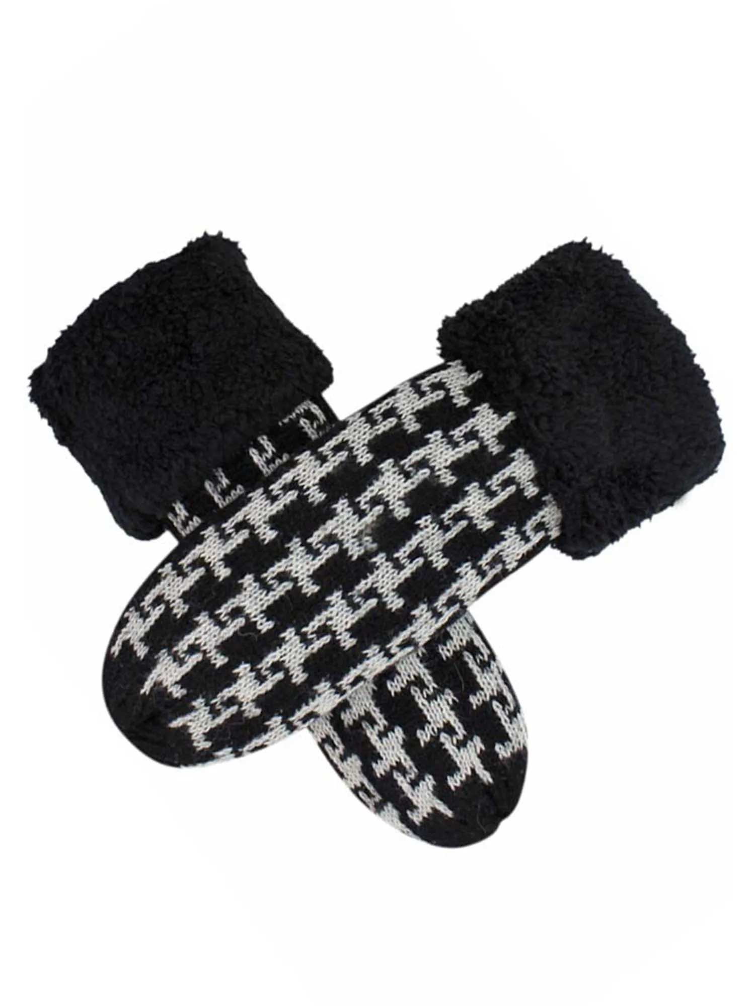 Womens Black Houndstooth Mittens With Fuzzy Cuff