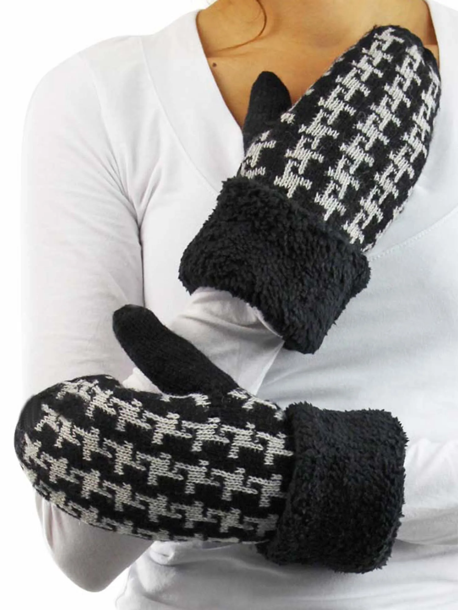 Womens Black Houndstooth Mittens With Fuzzy Cuff