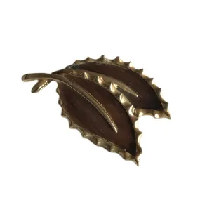 Woodgrain and Gold Tone Metal Leaf Duo Brooch circa 1960s