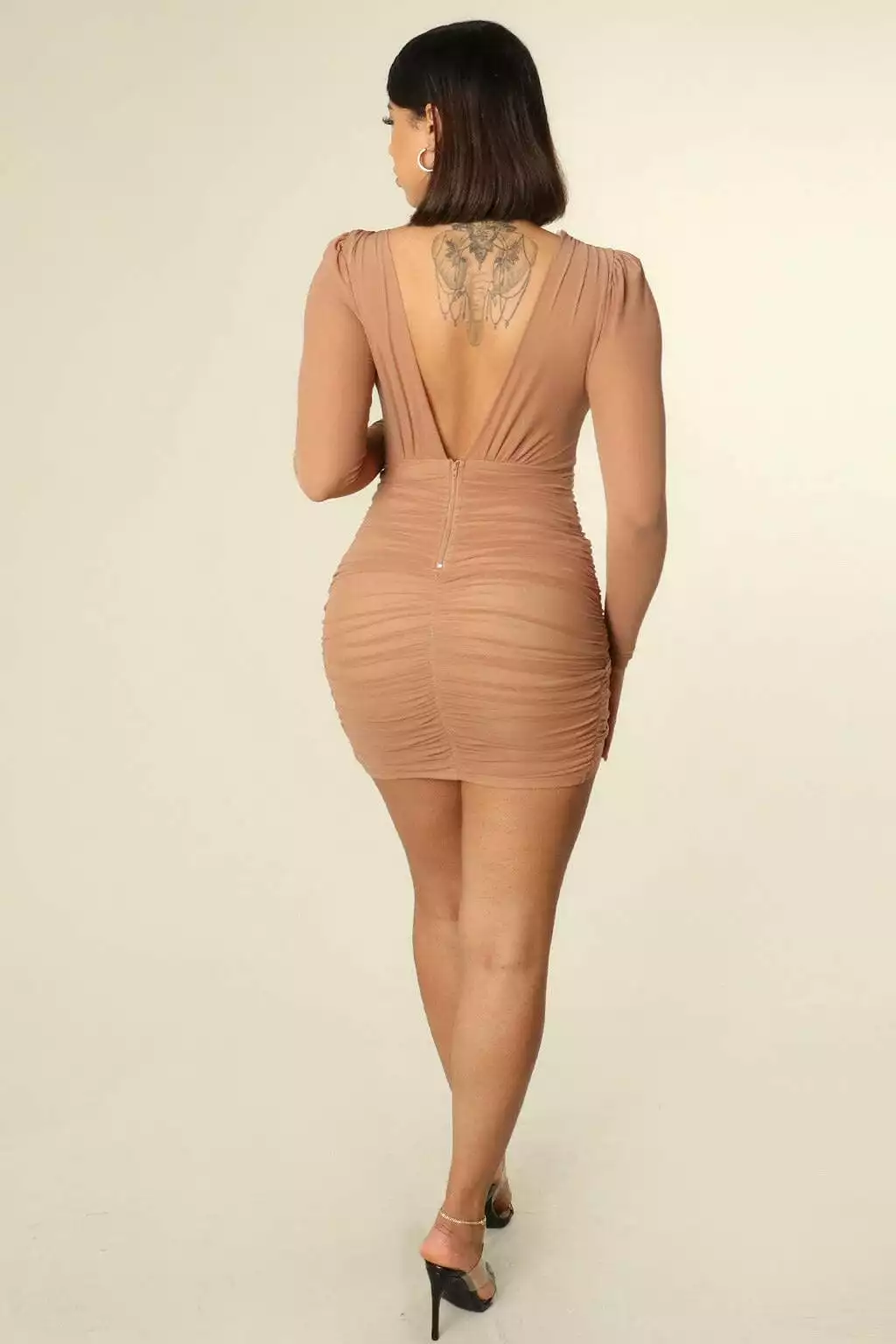 WRAP STYLE DEEP MINI DRESS-Brown