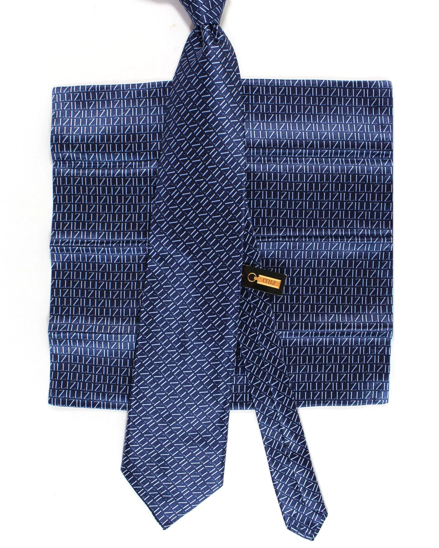 Zilli Silk Tie & Matching Pocket Square Set Dark Blue Logo SALE