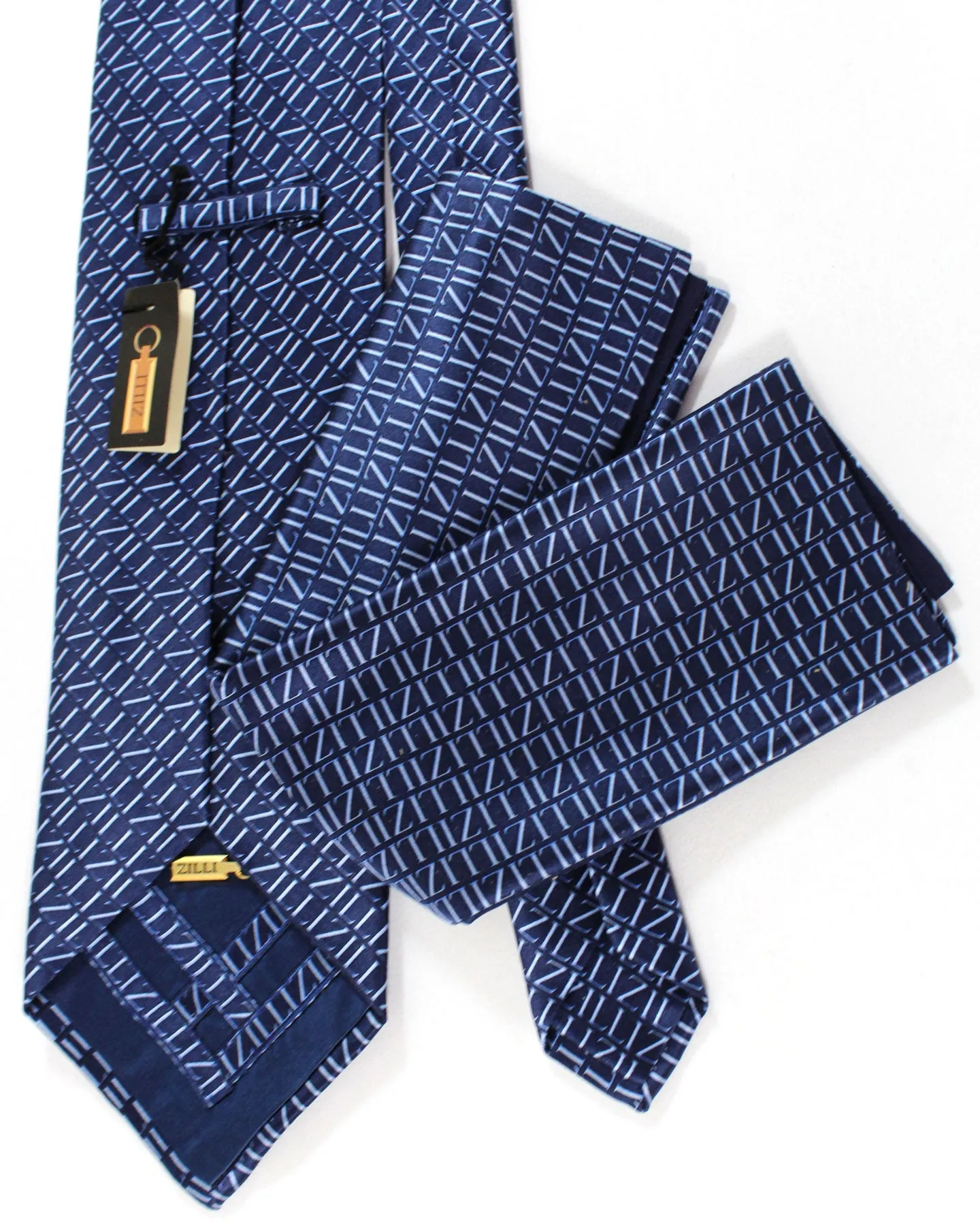 Zilli Silk Tie & Matching Pocket Square Set Dark Blue Logo SALE