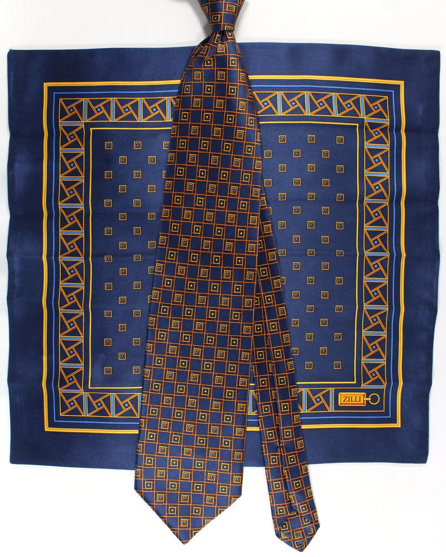 Zilli Silk Tie & Matching Pocket Square Set Dark Blue Orange Gold Geometric Design