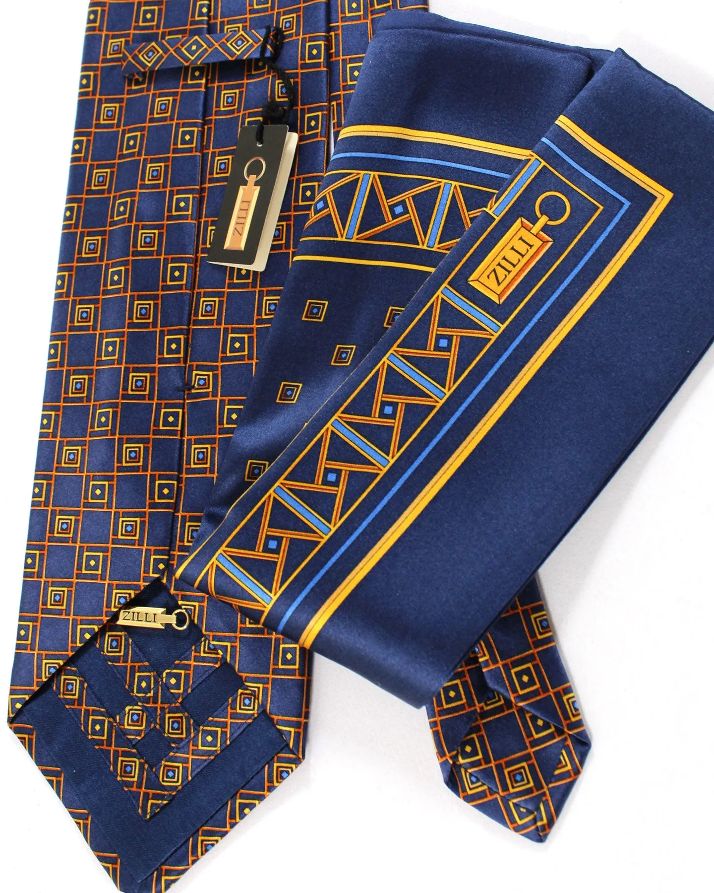 Zilli Silk Tie & Matching Pocket Square Set Dark Blue Orange Gold Geometric Design