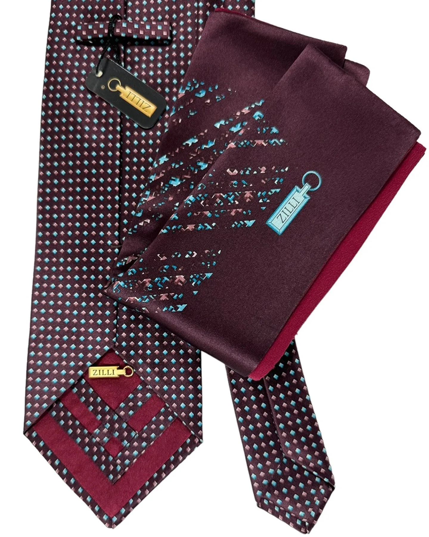 Zilli Tie & Matching Pocket Square Set Maroon Aqua Mini Squares Design