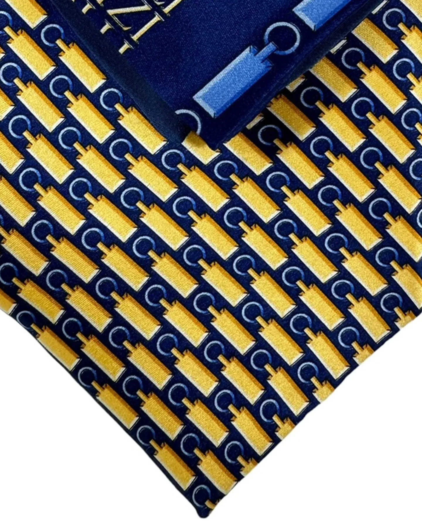 Zilli Tie & Matching Pocket Square Set Midnight Blue Gold Logo