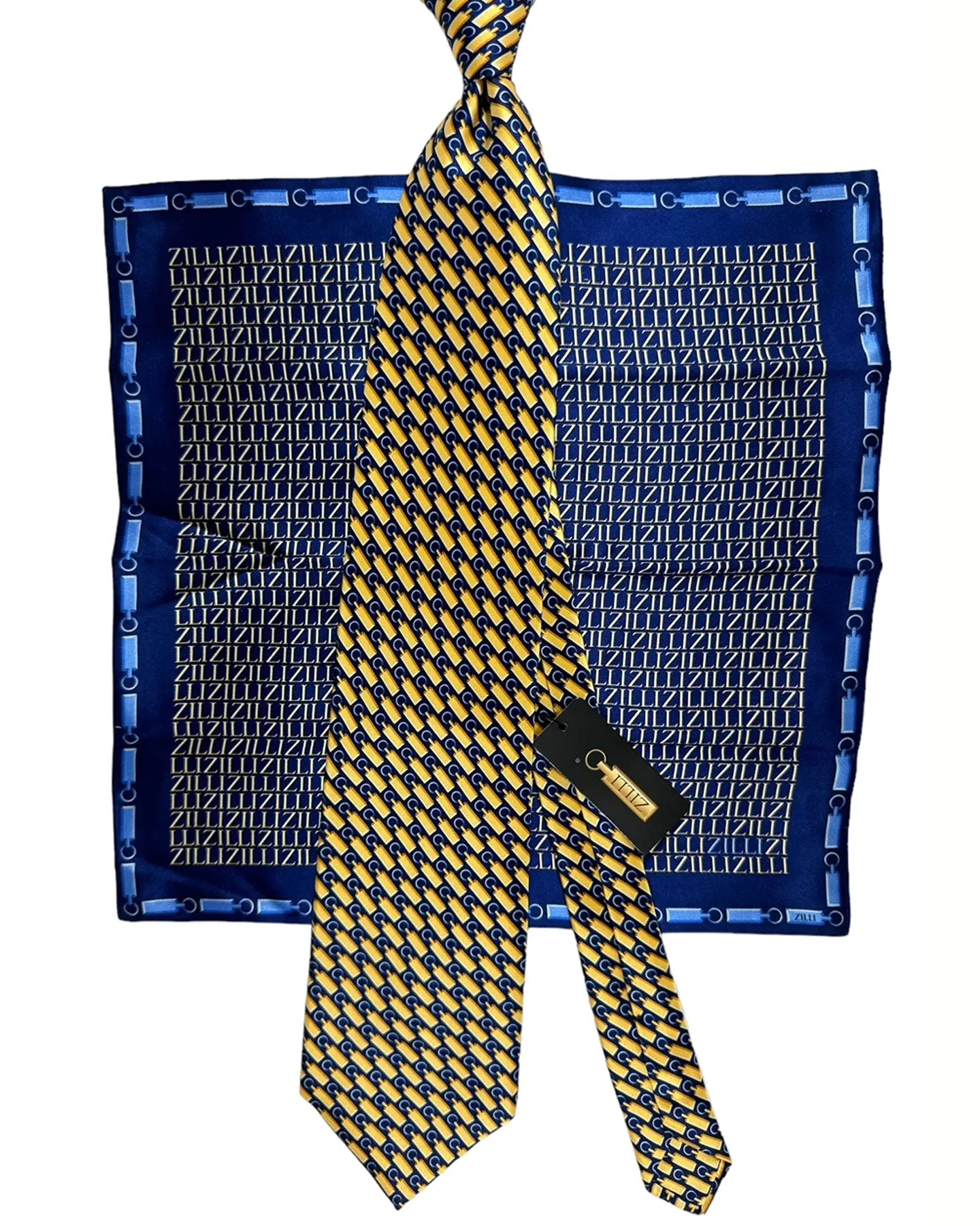 Zilli Tie & Matching Pocket Square Set Midnight Blue Gold Logo