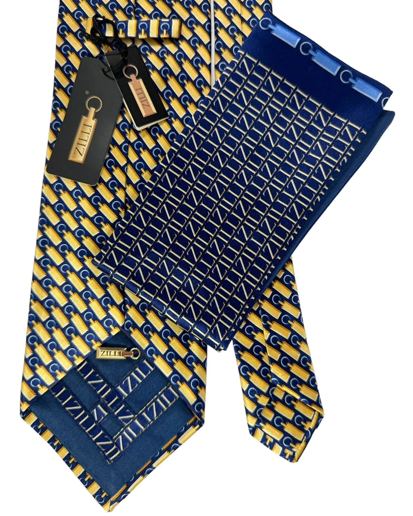 Zilli Tie & Matching Pocket Square Set Midnight Blue Gold Logo