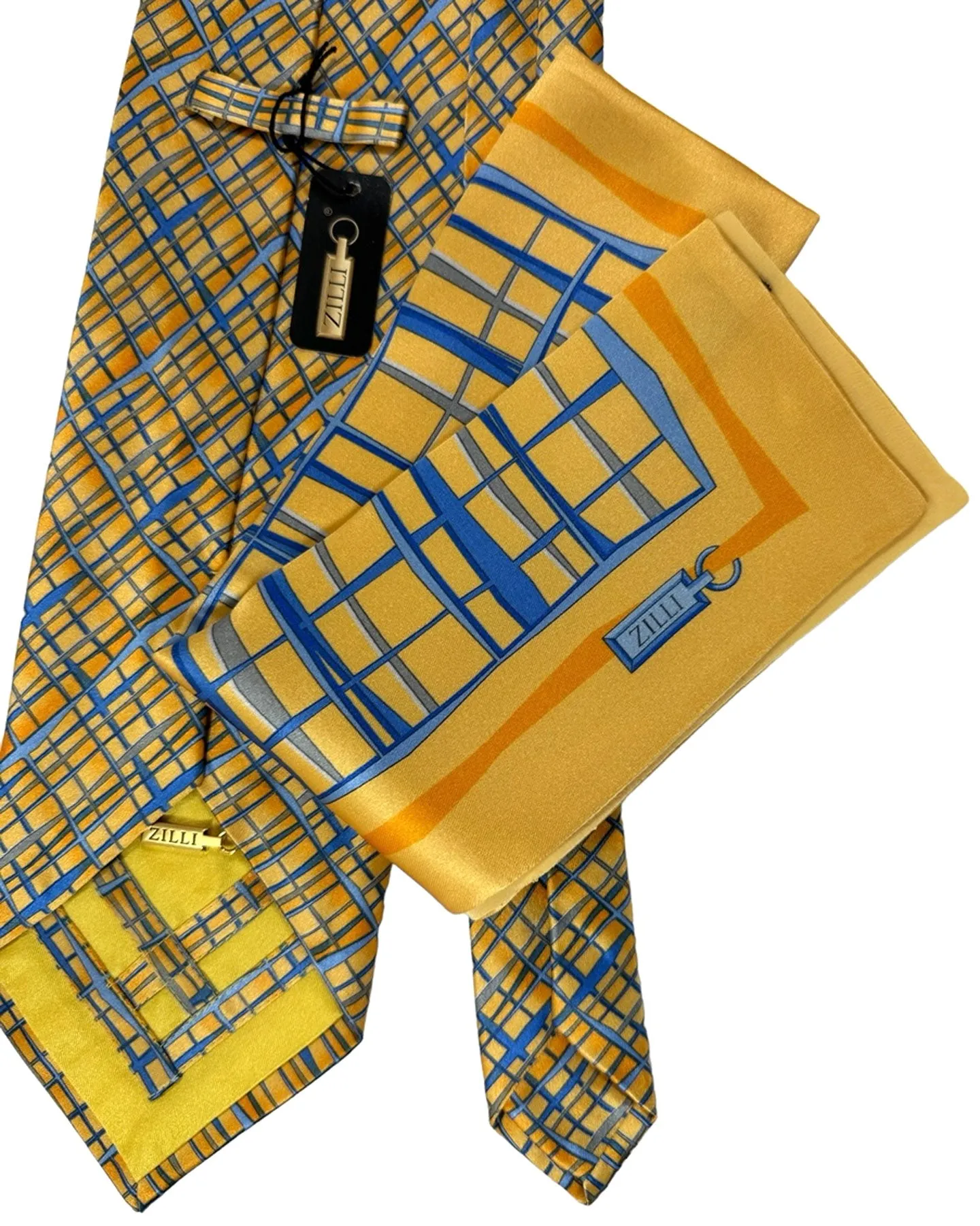 Zilli Tie & Matching Pocket Square Set Orange Gold Blue Gray Check Design