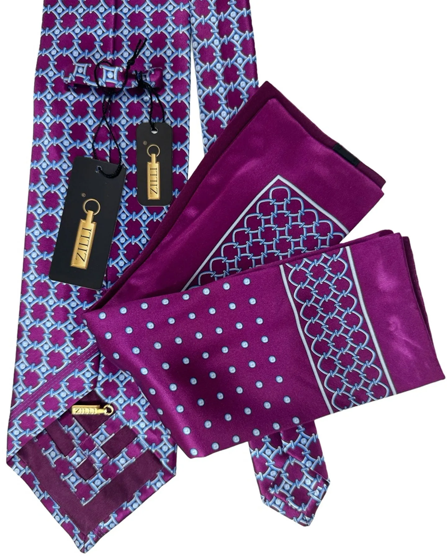 Zilli Tie & Matching Pocket Square Set Purple Blue Geometric